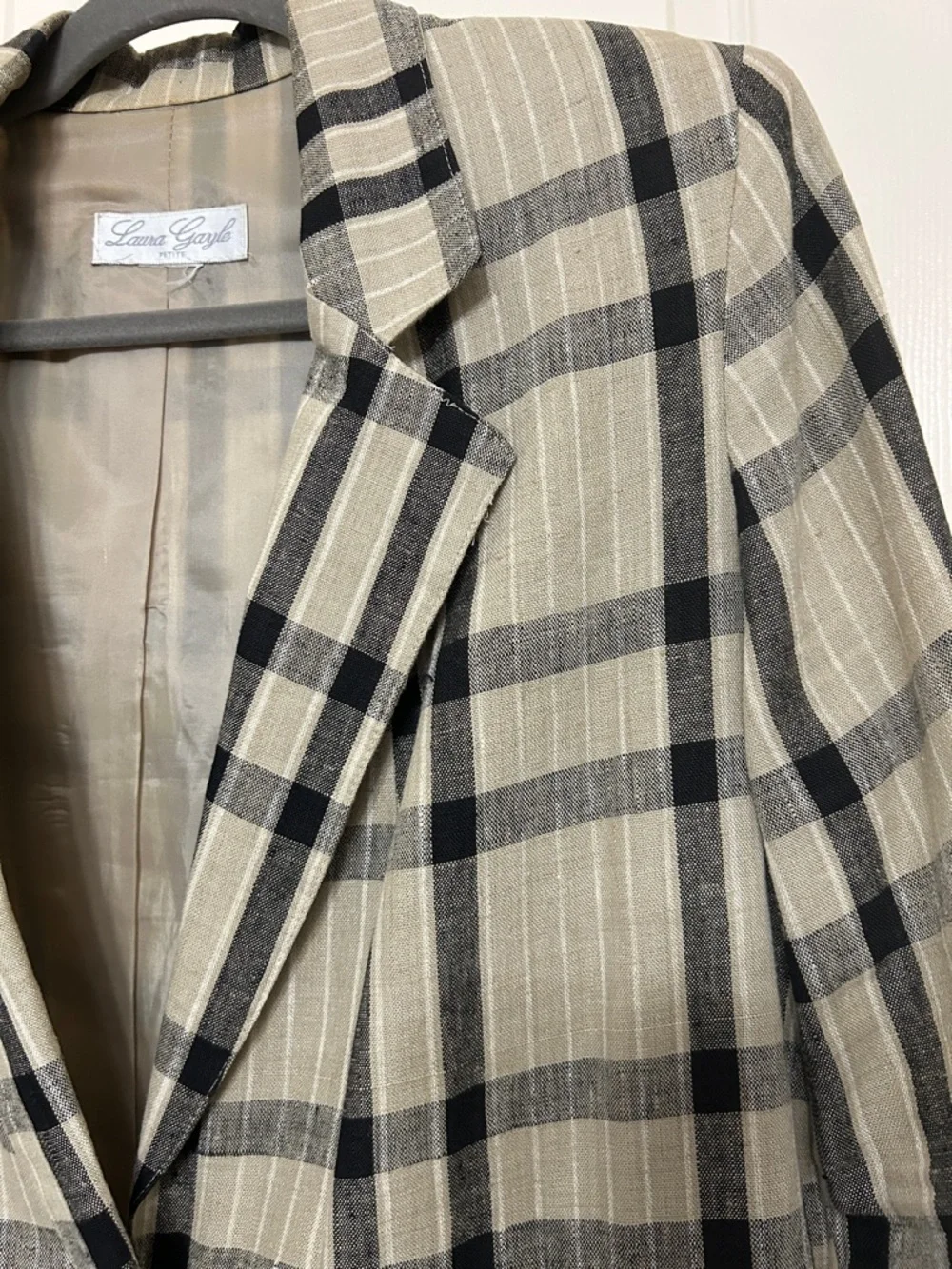 Laura Gayle Linen Black and Tan Plaid Single-Button Blazer Lightweight Summer - Picture 8 of 15